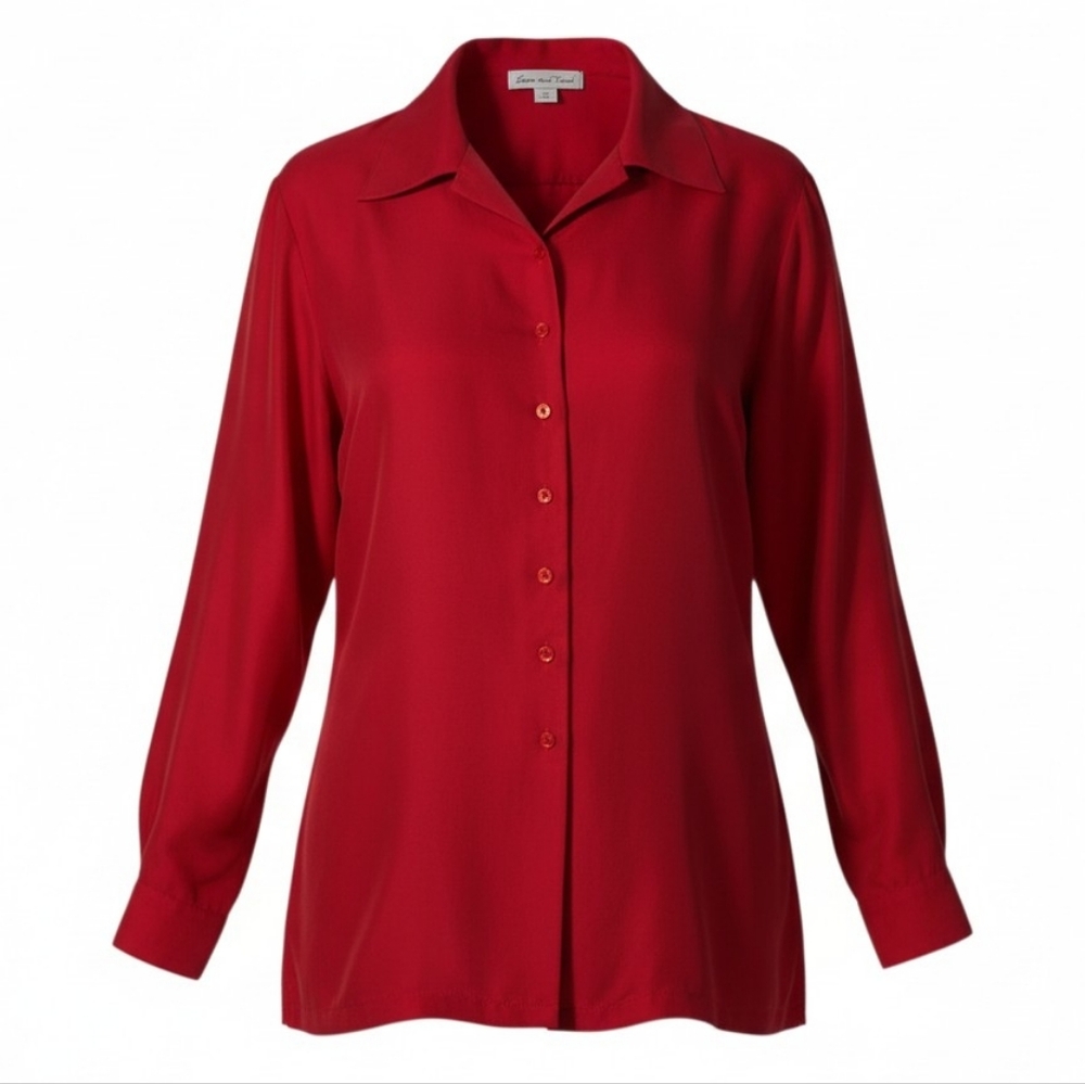 Vintage Anna And Frank Red Silk Button Up Long Sleeve Blouse Size Medium